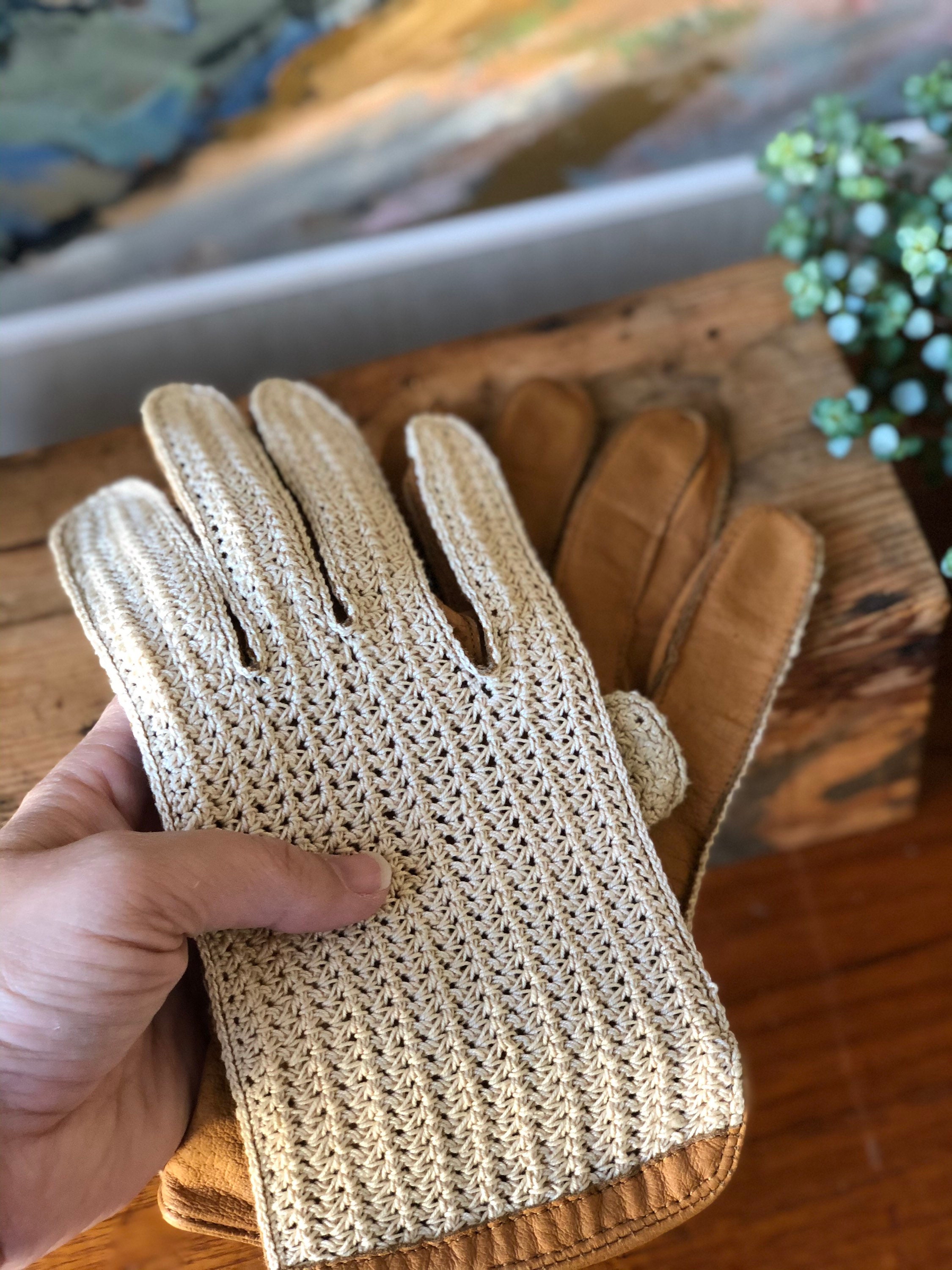 Vintage leather driving gloves with cream cotton and tan leather