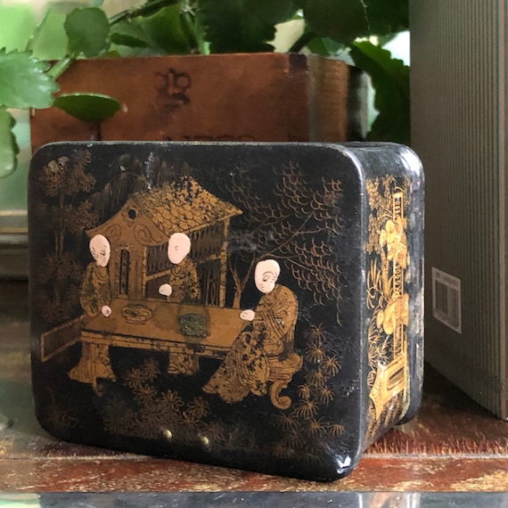 Antique Victorian Chinese wooden jewelry  box trinket box handmade hand painted collectable/ black and gold