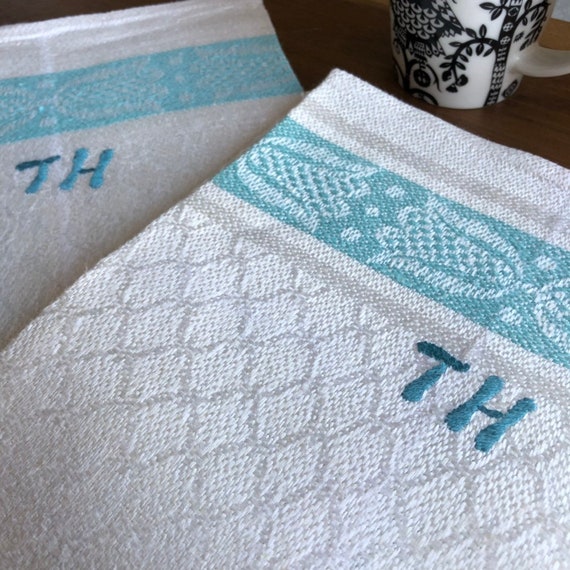 Pair of pure Swedish linen Vintage woven Scandinavian hand towels kitchen towels monogramrd TH turquoise and white farmhouse kitchen