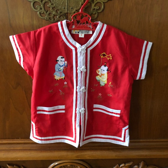 Vintage Kids Red and white Chinese shirt By Gold Deer