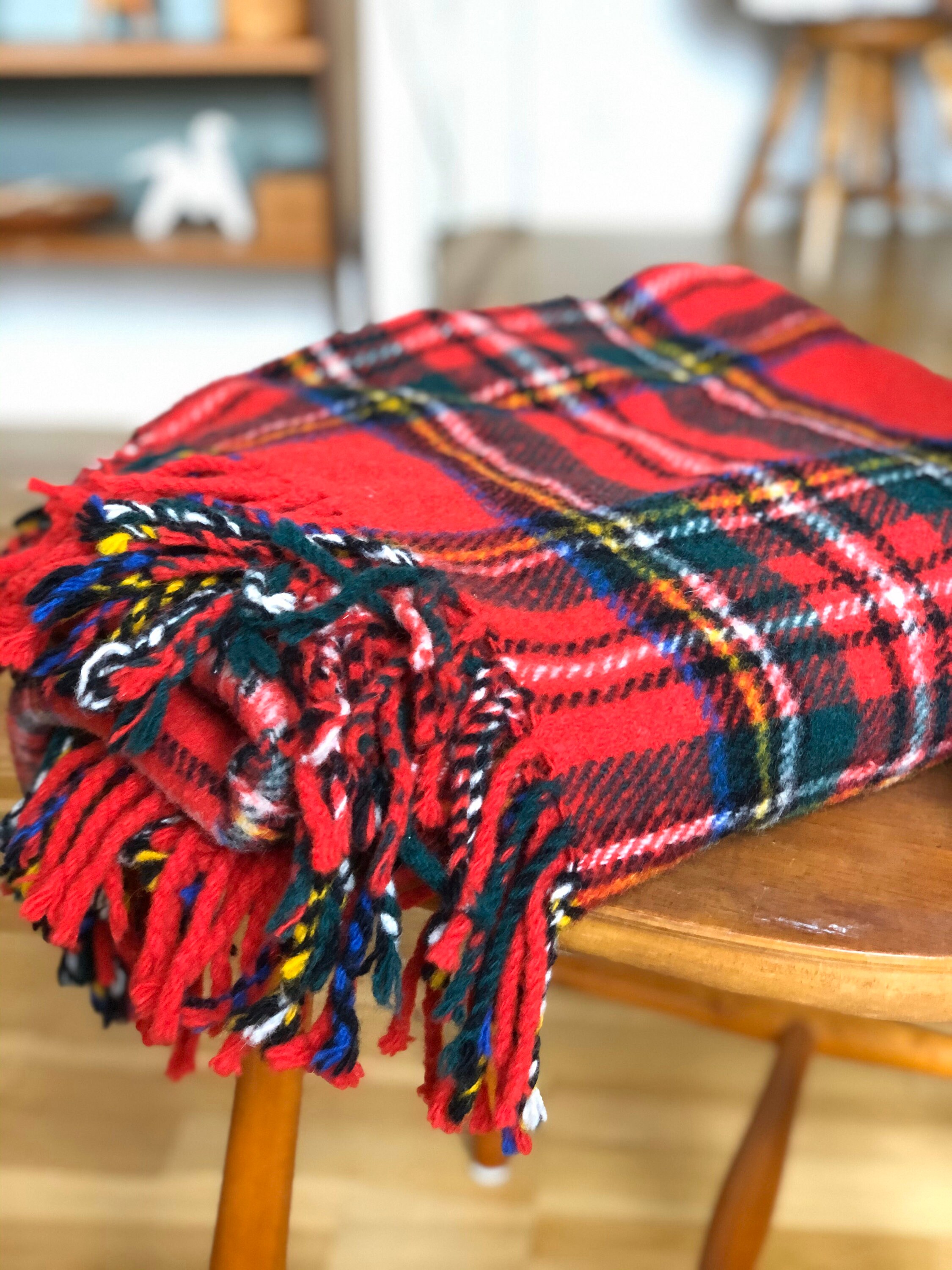 Swedish wool throw blanket red and green tones wool blanket throw