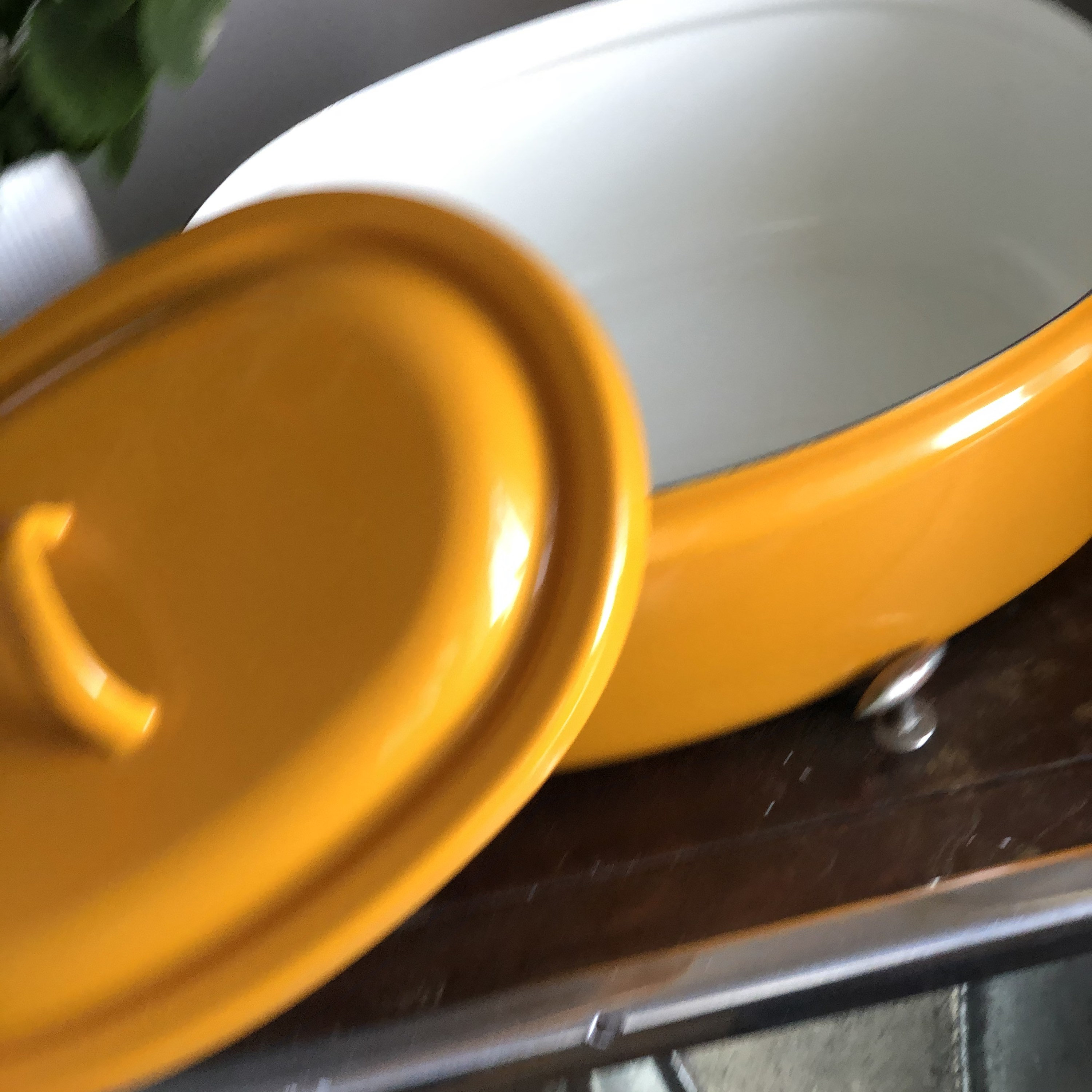 Large enamel pot / Dutch oven mustard yellow with white inside enamel