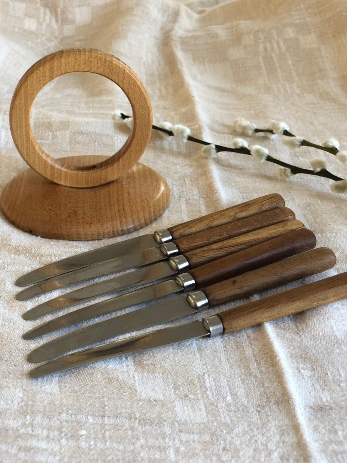 Wooden Vintage butter knife set Brio wooden holder Swedish mid century