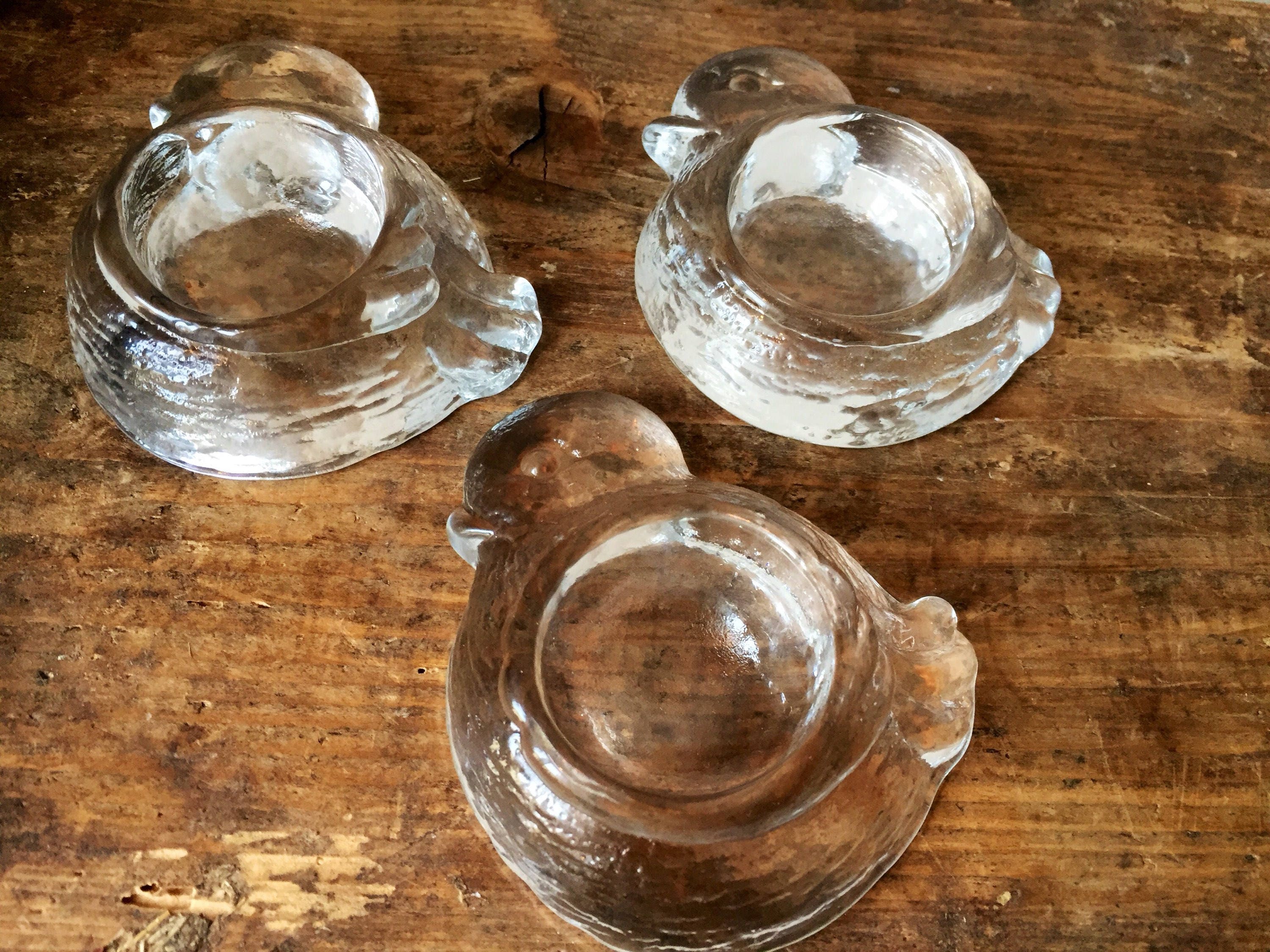 Swedish set of 3 crystal egg cups duck figurines 1980s