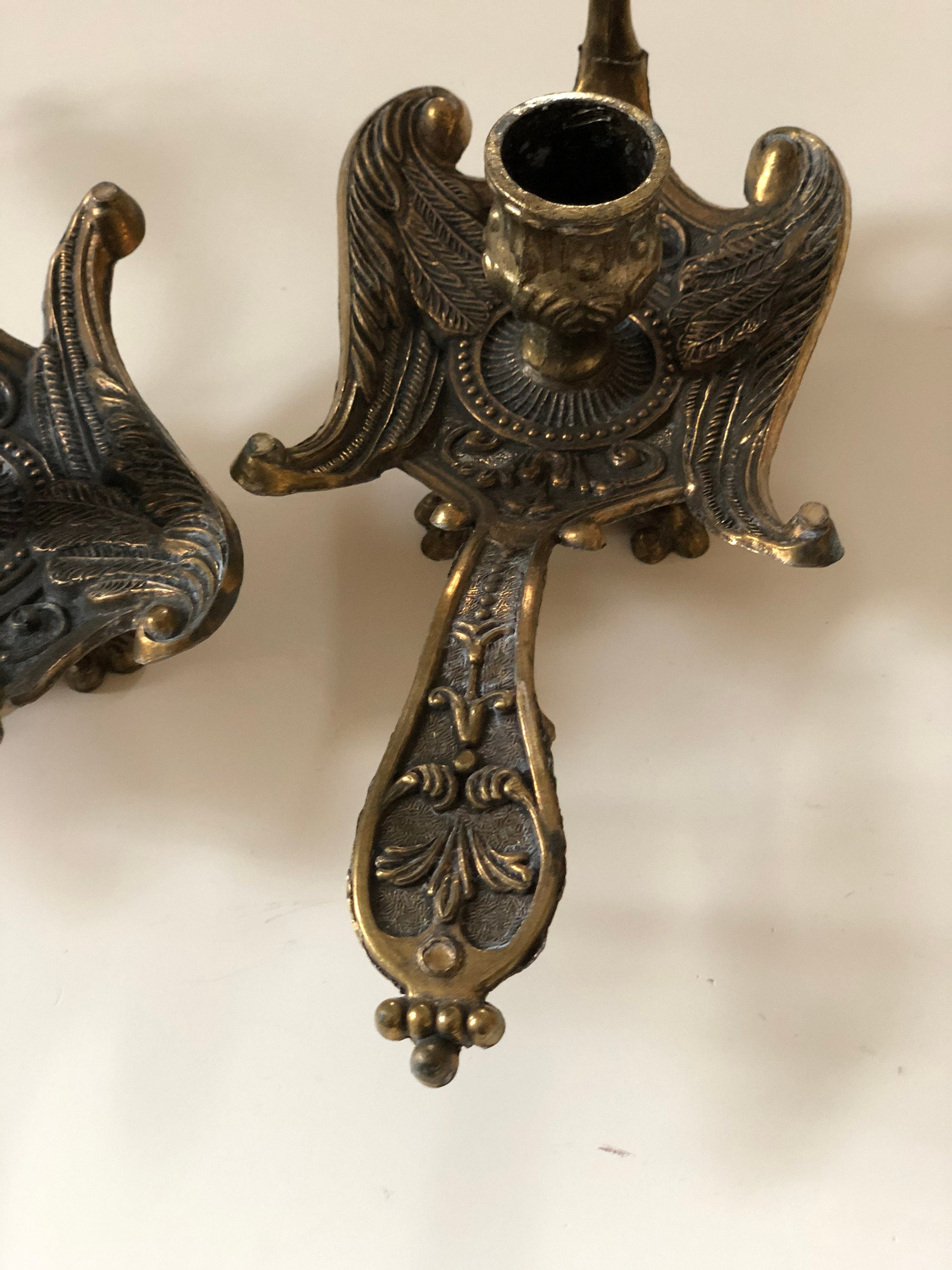 Reserved for M /Peacock brass candle stick holders Hollywood regency