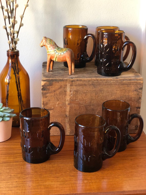 Set of 6 Swedish hand blown amber brown  beer steins 1970s Skruf glassworks