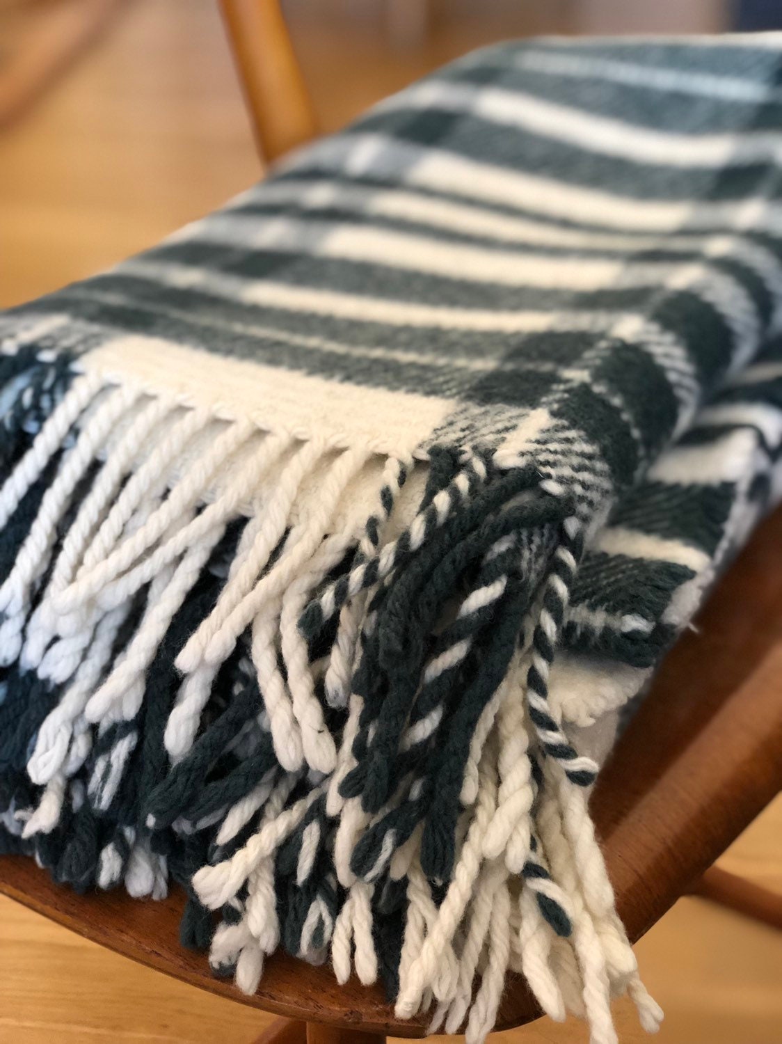 Wool throw blanket dark green and white tones wool blanket throws