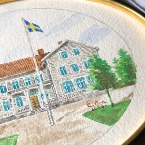 Original Swedish water color painting of Swedish country house still signed EP 1946 small oval painting framed image 3