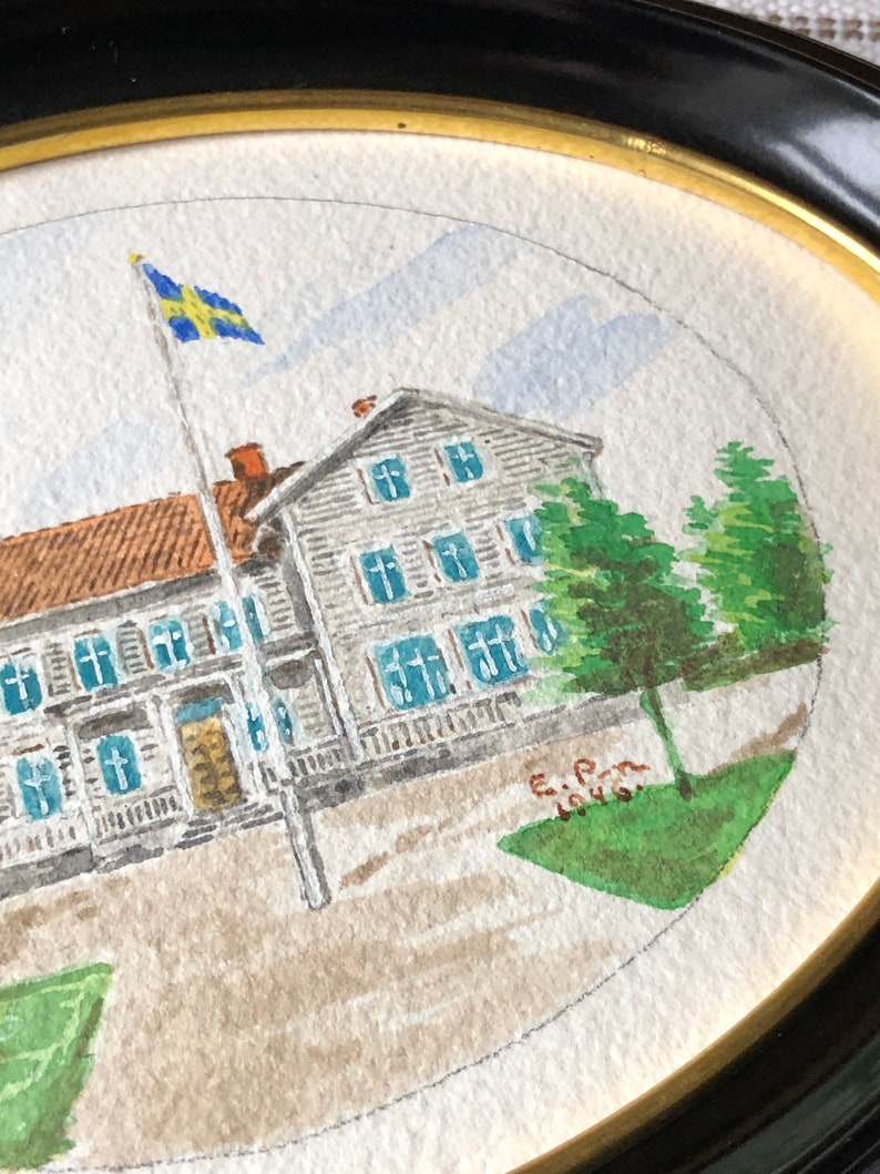 Original Swedish water color painting of Swedish country house still signed EP 1946 small oval painting framed image 3