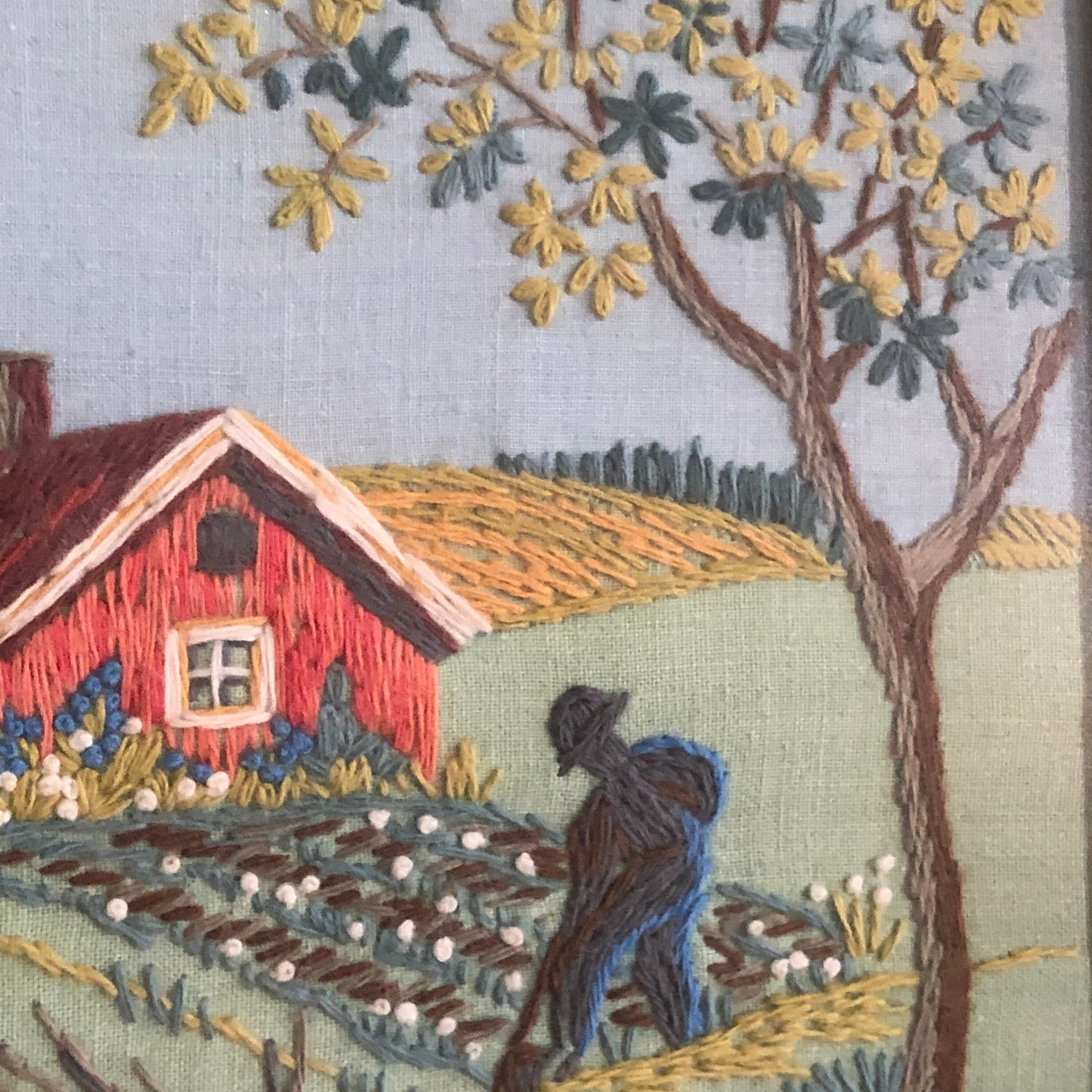 Tradition Swedish folk art crewel embroidered wall hanging landscape