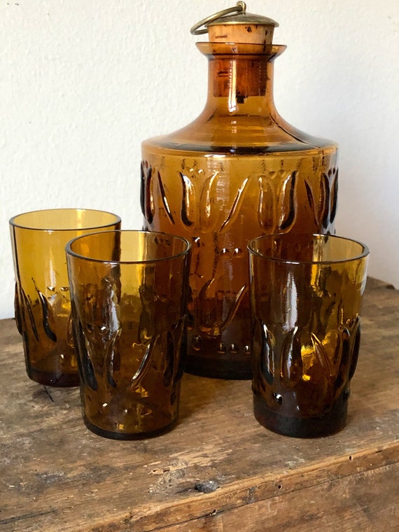 Swedish hand blown amber brown decanter and 3 glasses 1970s set of 4 Skruf glassworks