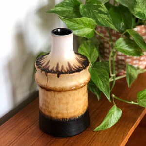 May include: A brown and white ceramic vase with a black rim and a black band around the bottom. The vase has a textured surface and a unique glaze.