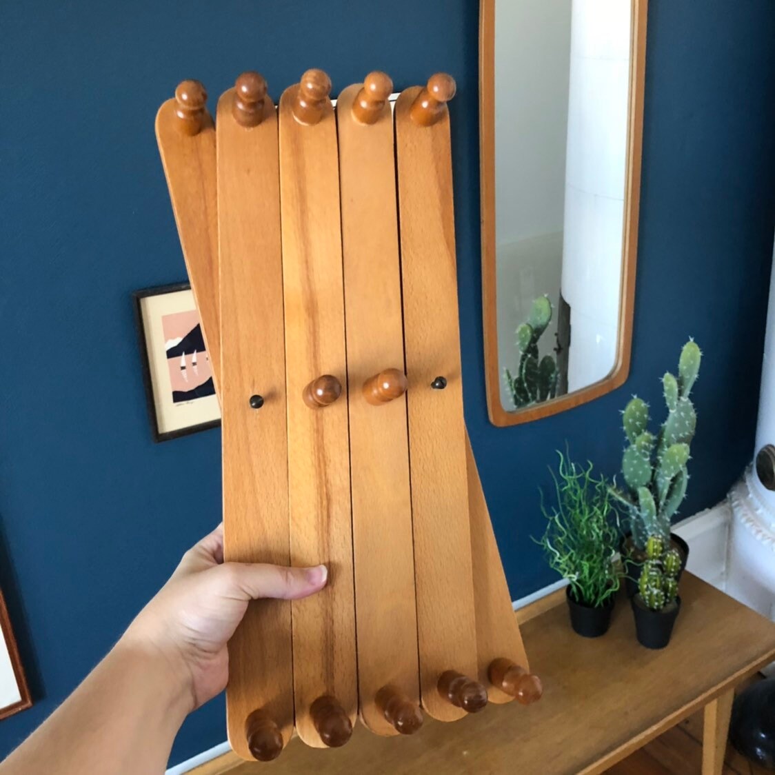 Vintage wooden accordion hat rack retro scandi boho coat track