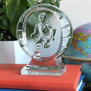 Vintage clear Paperweight Scandinavian football soccer player Sweden Bergdala glassworks Scandinavian Design
