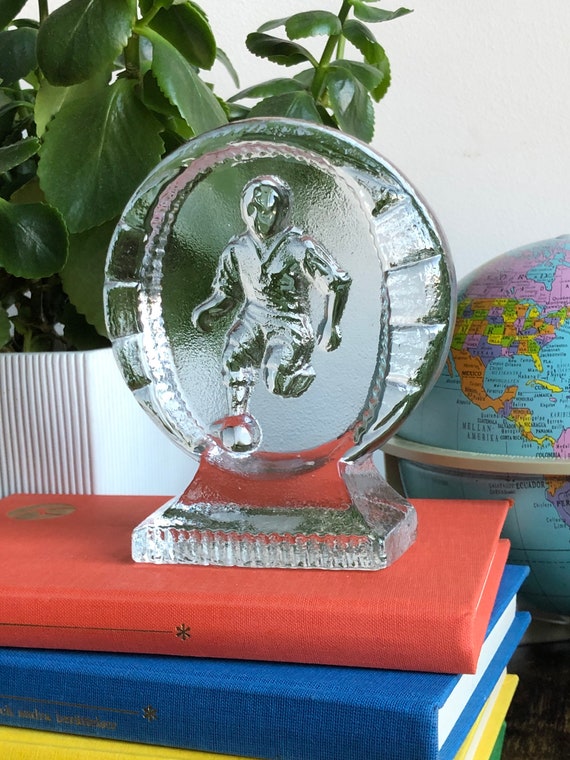 Vintage clear Paperweight Scandinavian football soccer player Sweden Bergdala glassworks Scandinavian Design