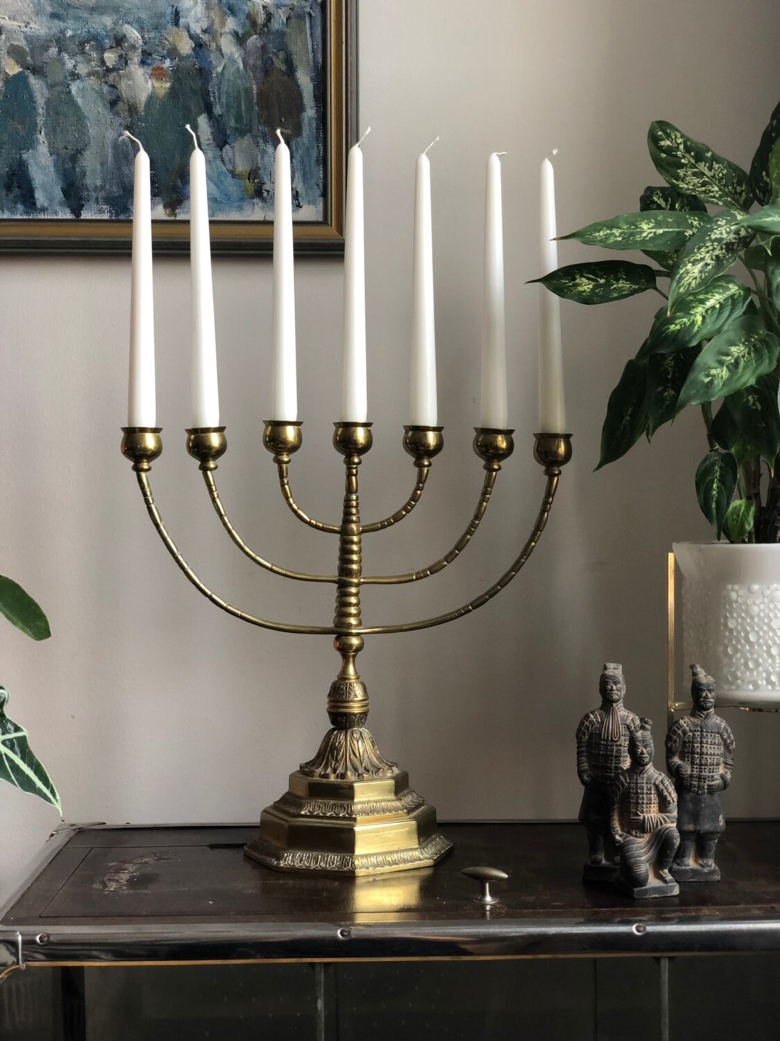 Extra Large solid heavy bronze menorah vintage pedestal stunning 7 arm
