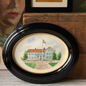 Original Swedish water color painting of Swedish country house still signed EP 1946 small oval painting framed image 4