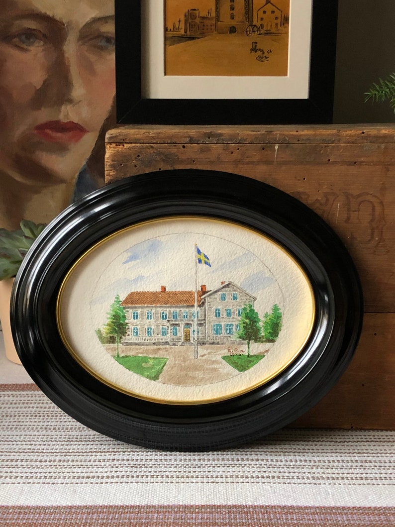 Original Swedish water color painting of Swedish country house still signed EP 1946 small oval painting framed image 4