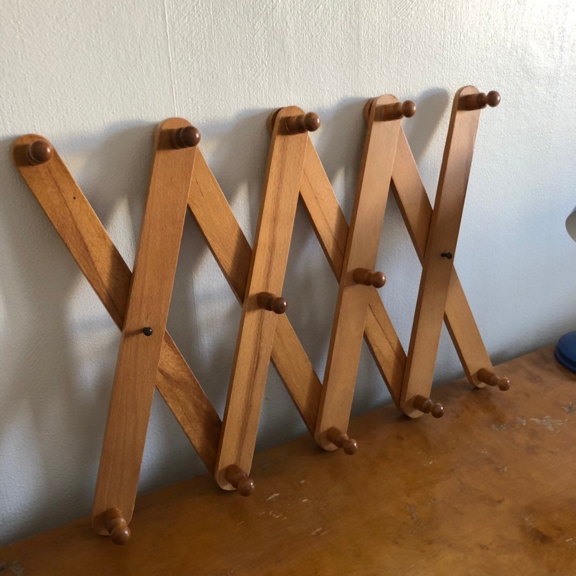 Vintage wooden accordion hat rack retro scandi boho coat track