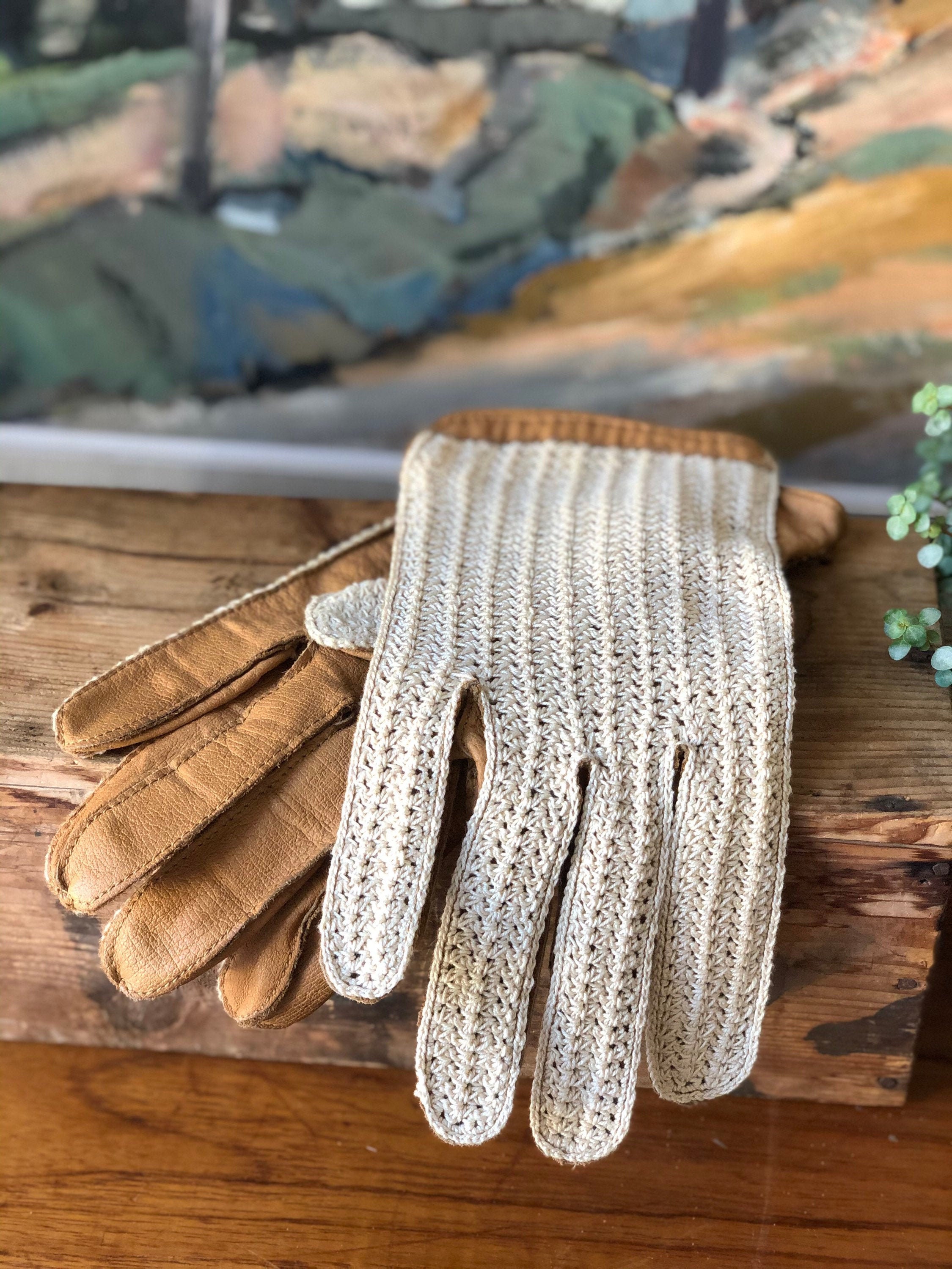 Vintage leather driving gloves with cream cotton and tan leather