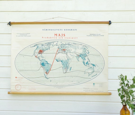 Large Vintage Swedish 1929 university classroom school Map of Corn production and transportation / World economics printed in Stockholm 1929