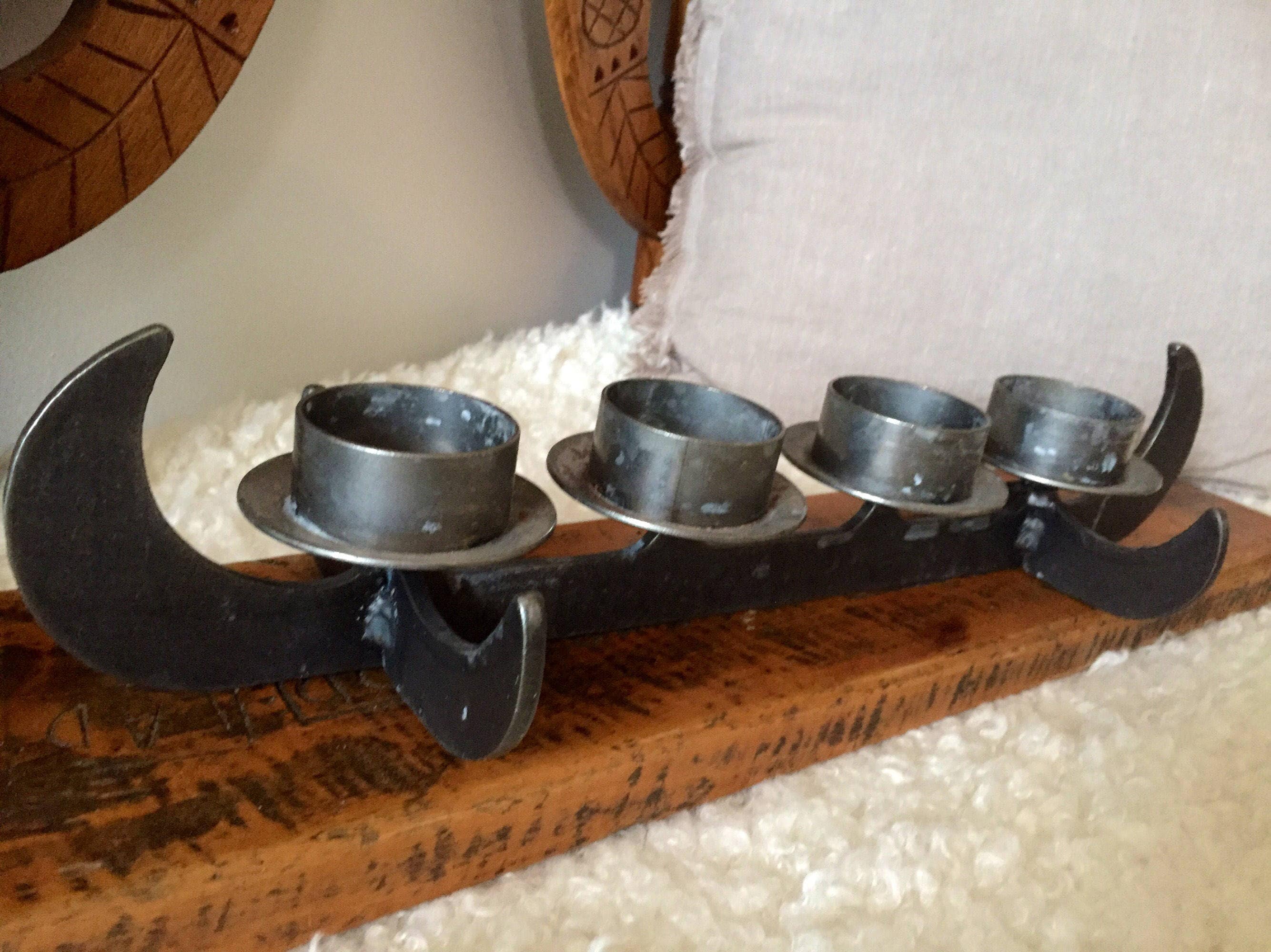 Nordic Viking hand candelabra steel candle holder pewter 1970s