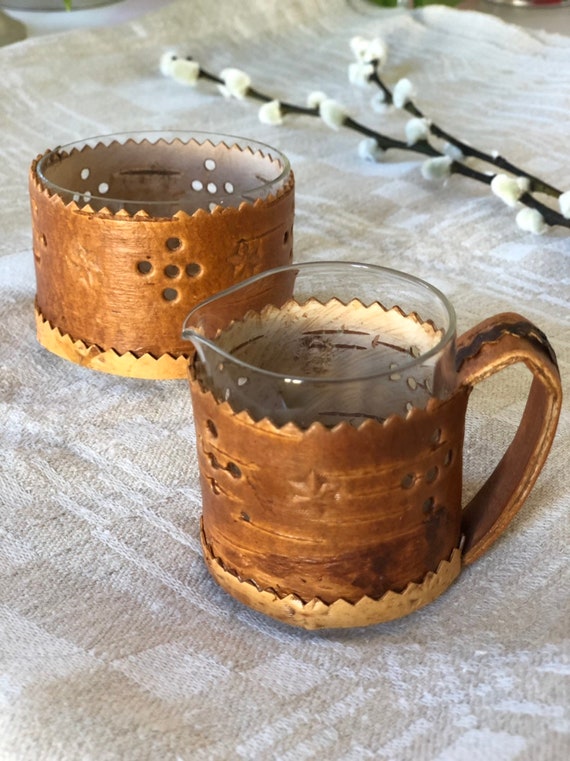 Cream and sugar 1940s birch bark and handblown glass Cream and Sugar set Bowl creamer Swedish Scandinavian tableware