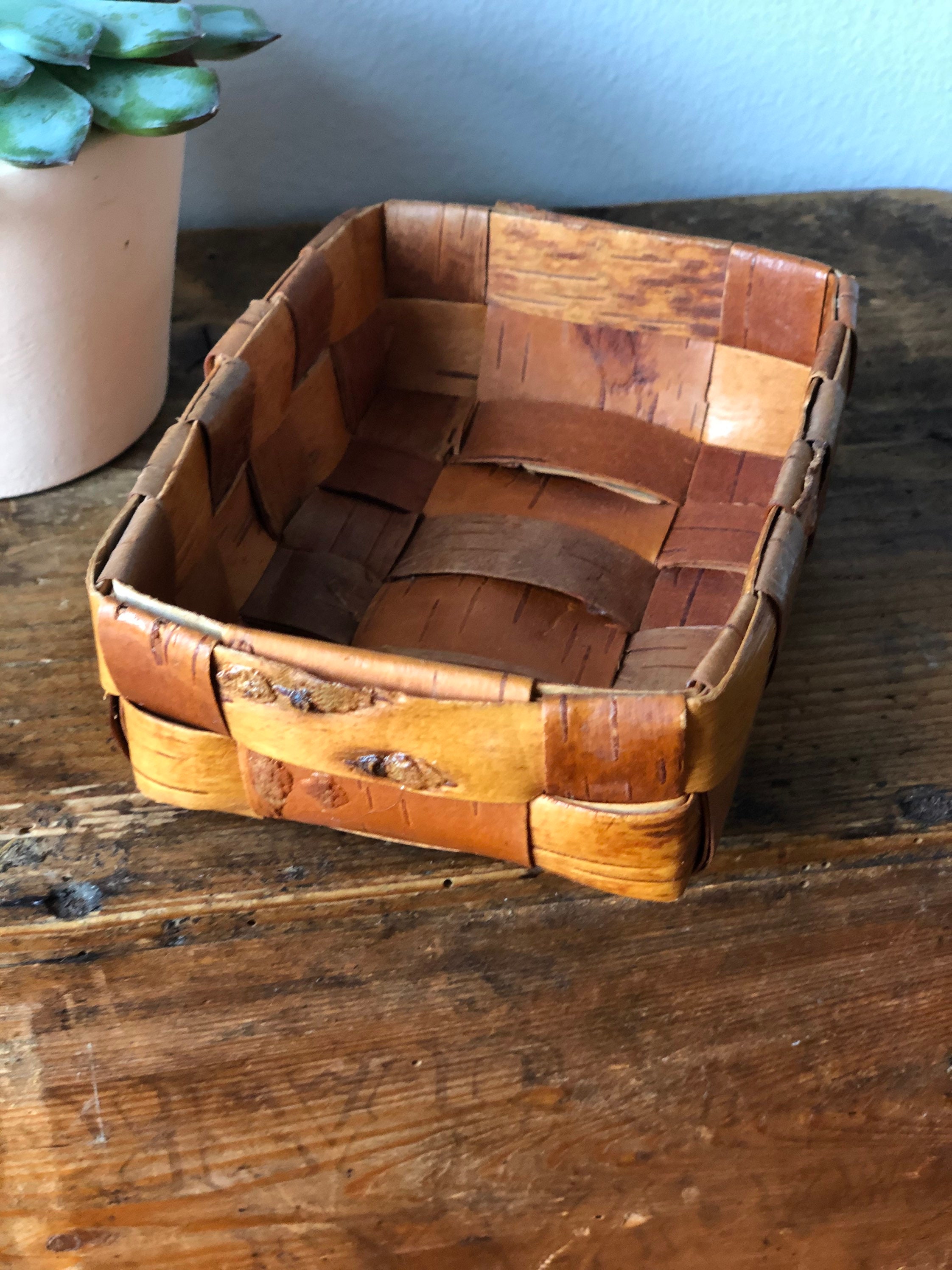 Small Swedish wooden birch bark basket midcentury modern basket storage