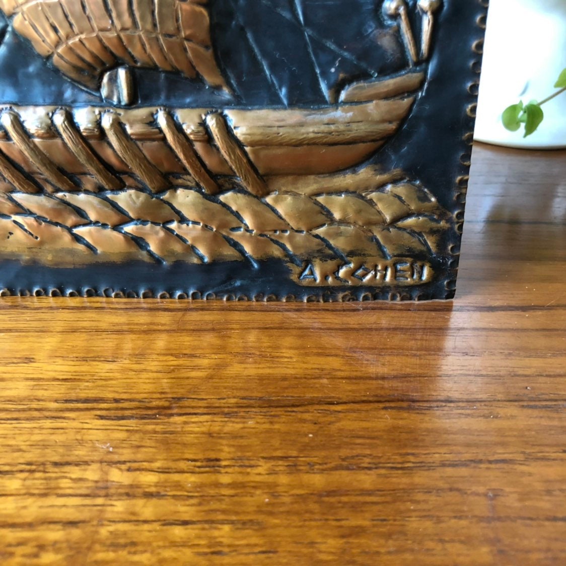 Copper relief wall hanging picture signed A Cohen Viking ship