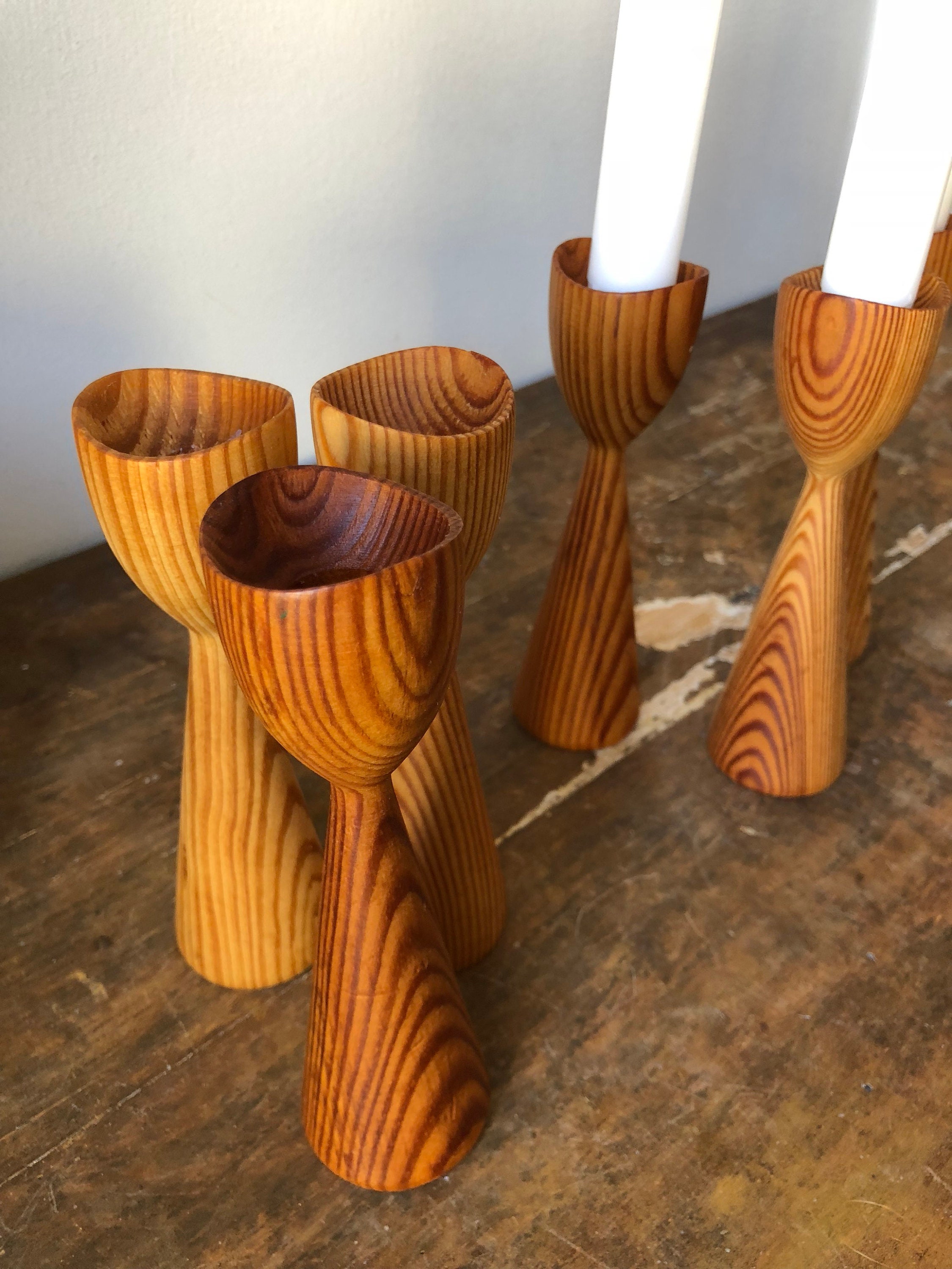 Swedish wooden turned candle stick holders 1977 Scandinavian