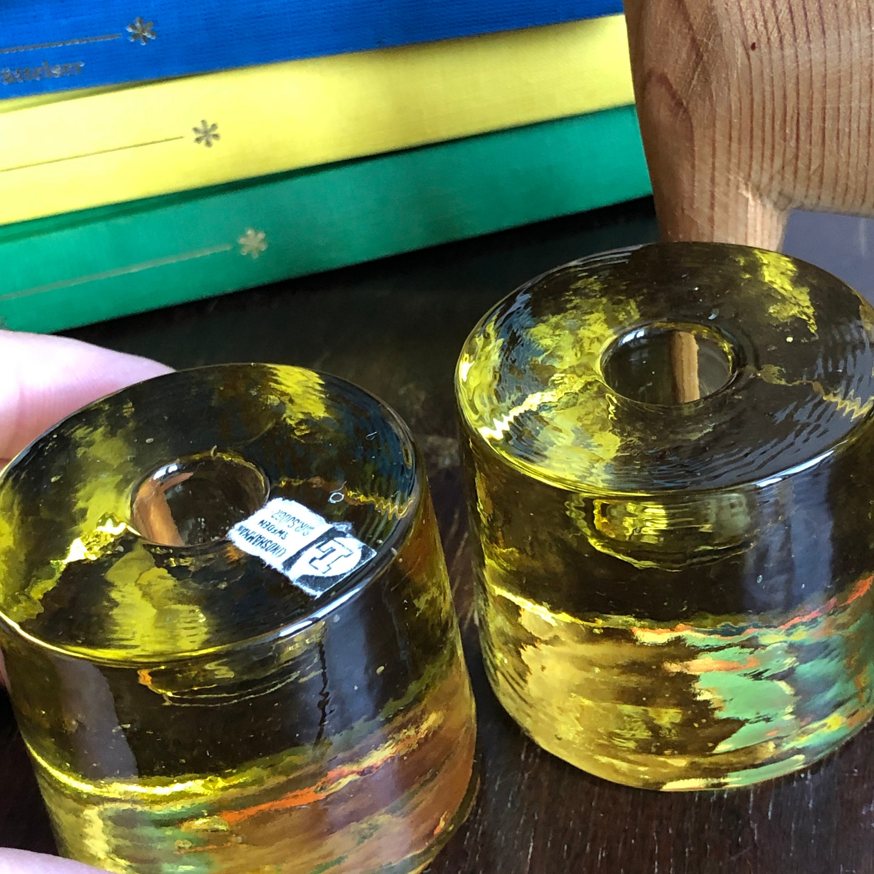 Pair of 2 Lindshammar yellow glass small candlestick holders round