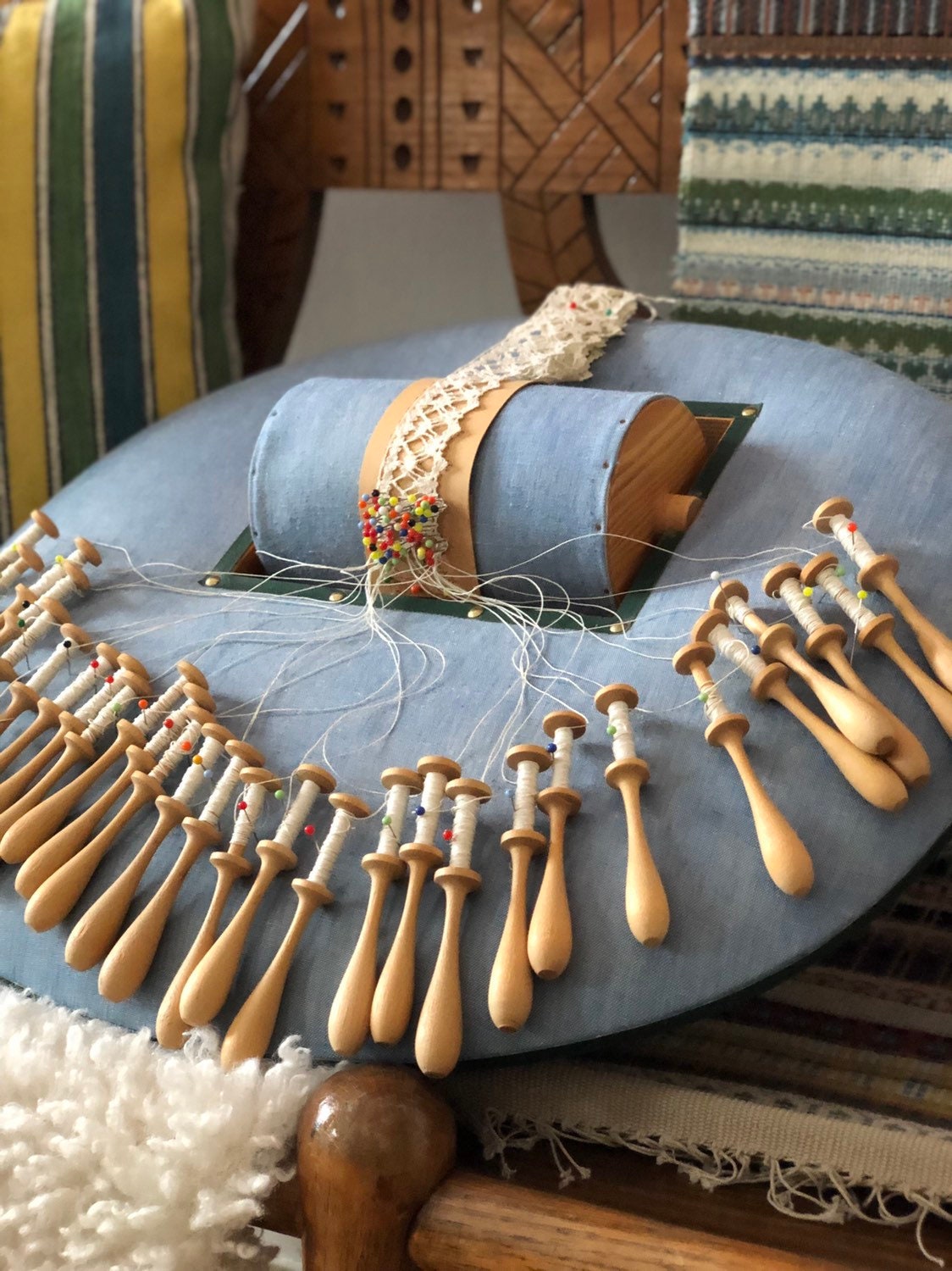 Lace making pillow with lace pattern and lace / hand turned wooden