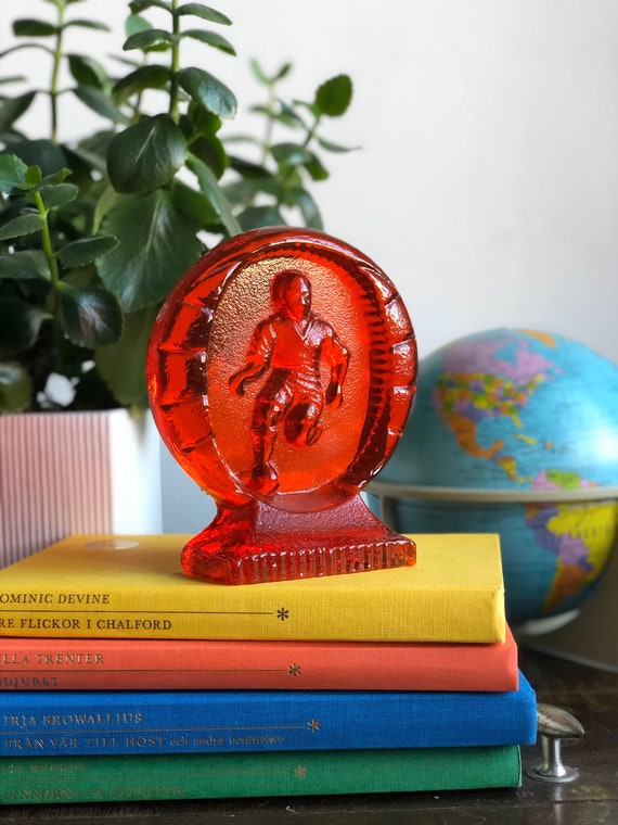 Vintage Bergdala glassworks red Paperweight Scandinavian football soccer player Sweden glassworks Scandinavian Design