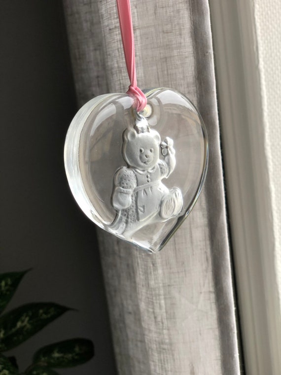 Crystal engraved sun catcher paper weight art glass  heart shaped teddy bear made Sweden Suncatcher