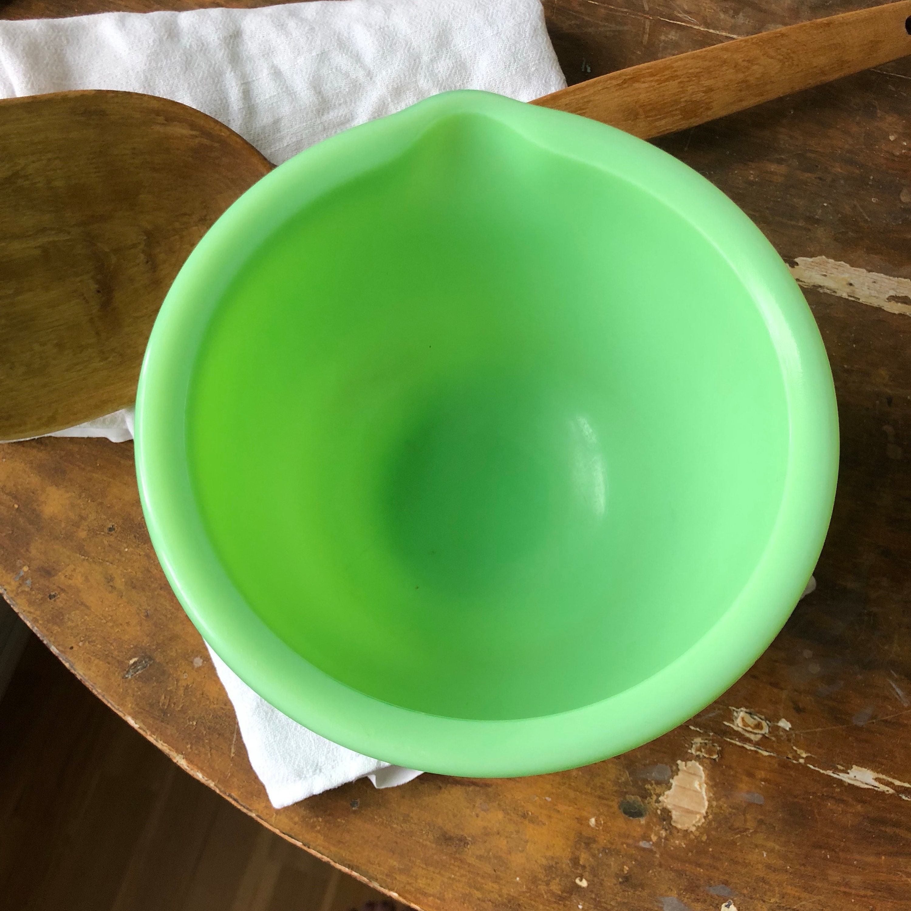 Jadeite mixing bowl with spout midcentury vintage glass bowl