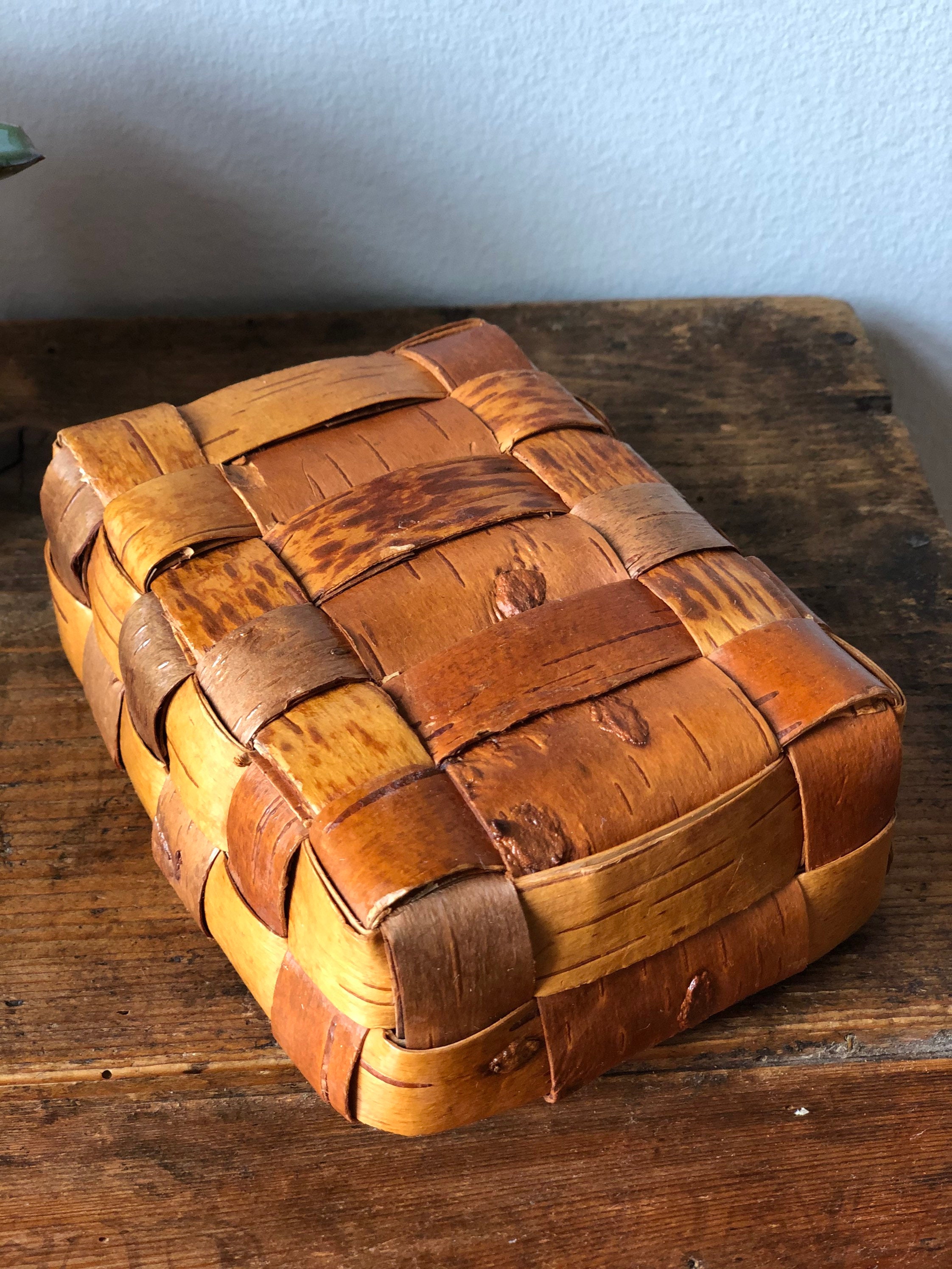 Small Swedish wooden birch bark basket midcentury modern basket storage