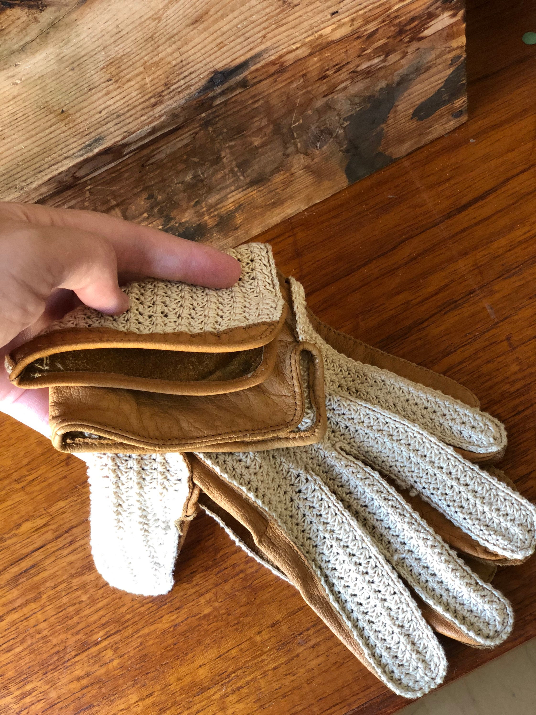 Vintage leather driving gloves with cream cotton and tan leather
