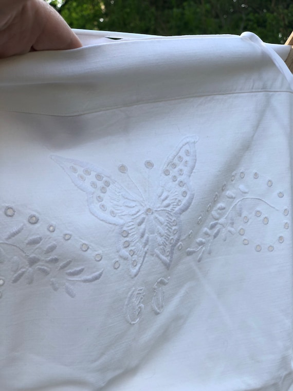 Victorian Crisp white Antique Scandinavian Linen hand embroidered pillow case butterfly pattern monogrammed