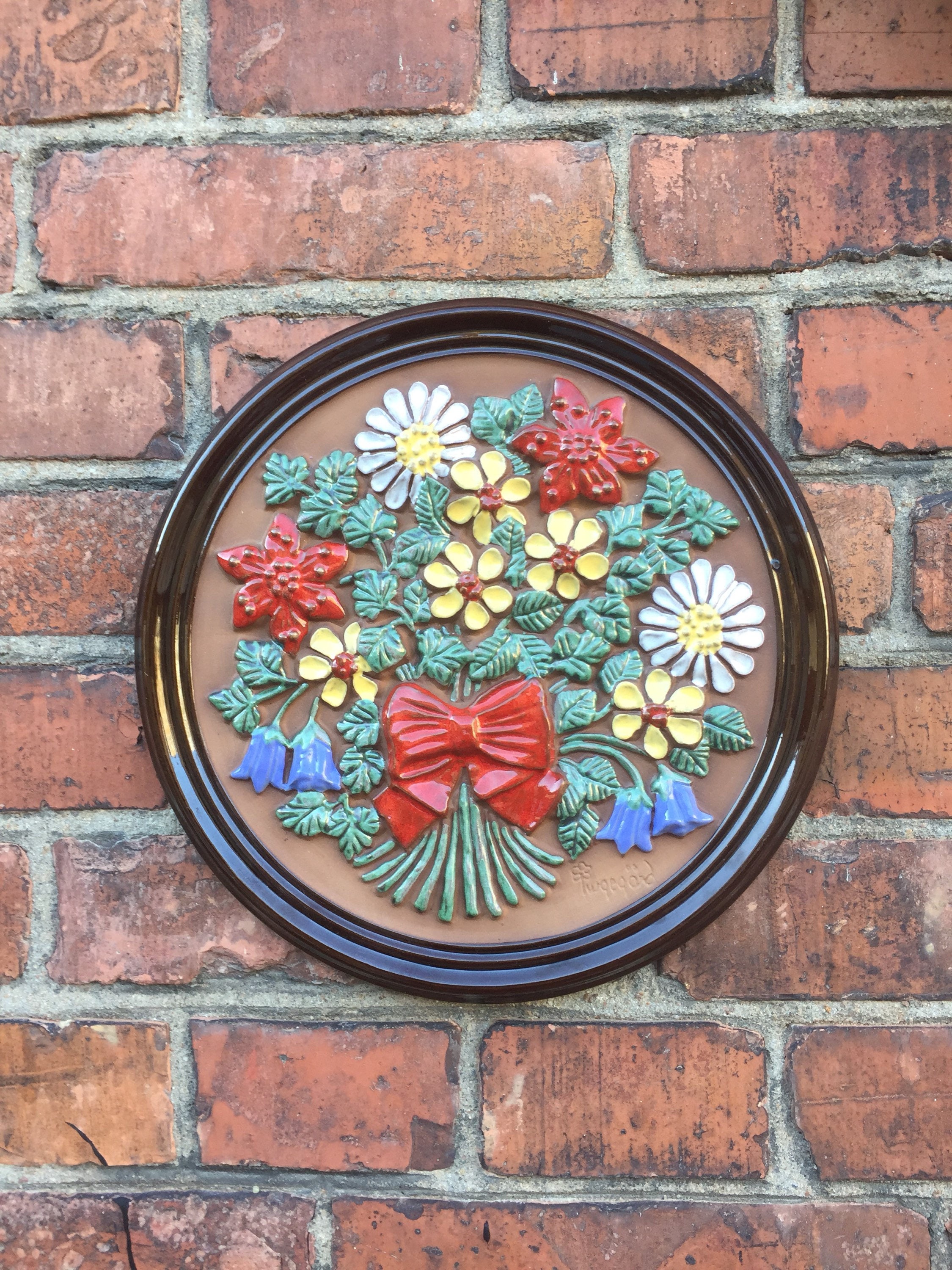 Vintage 1960s round ceramic tile plaque ceramic wall art Gabriel Sweden