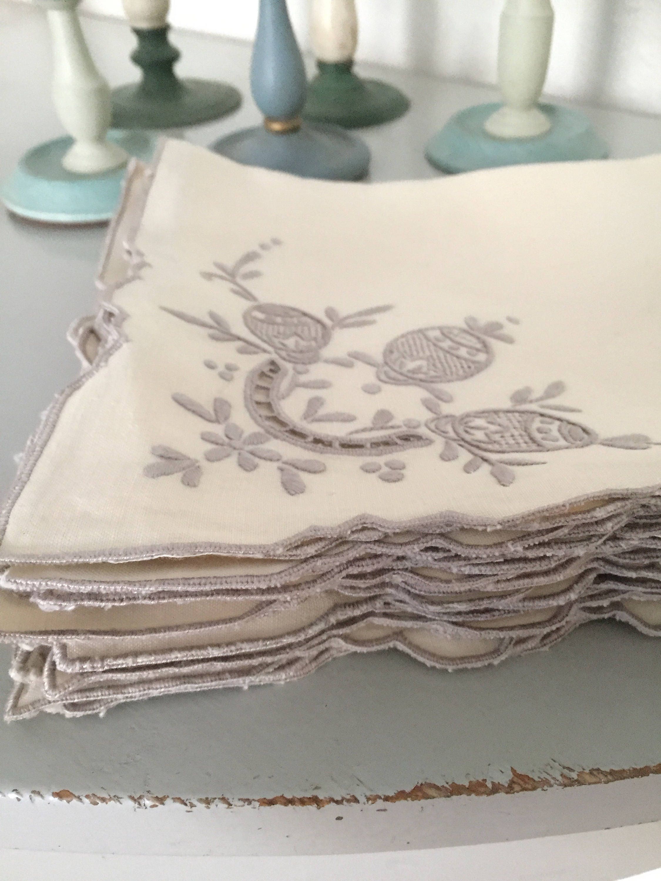 Easter embroidered napkins beige grey eggs set french country greige