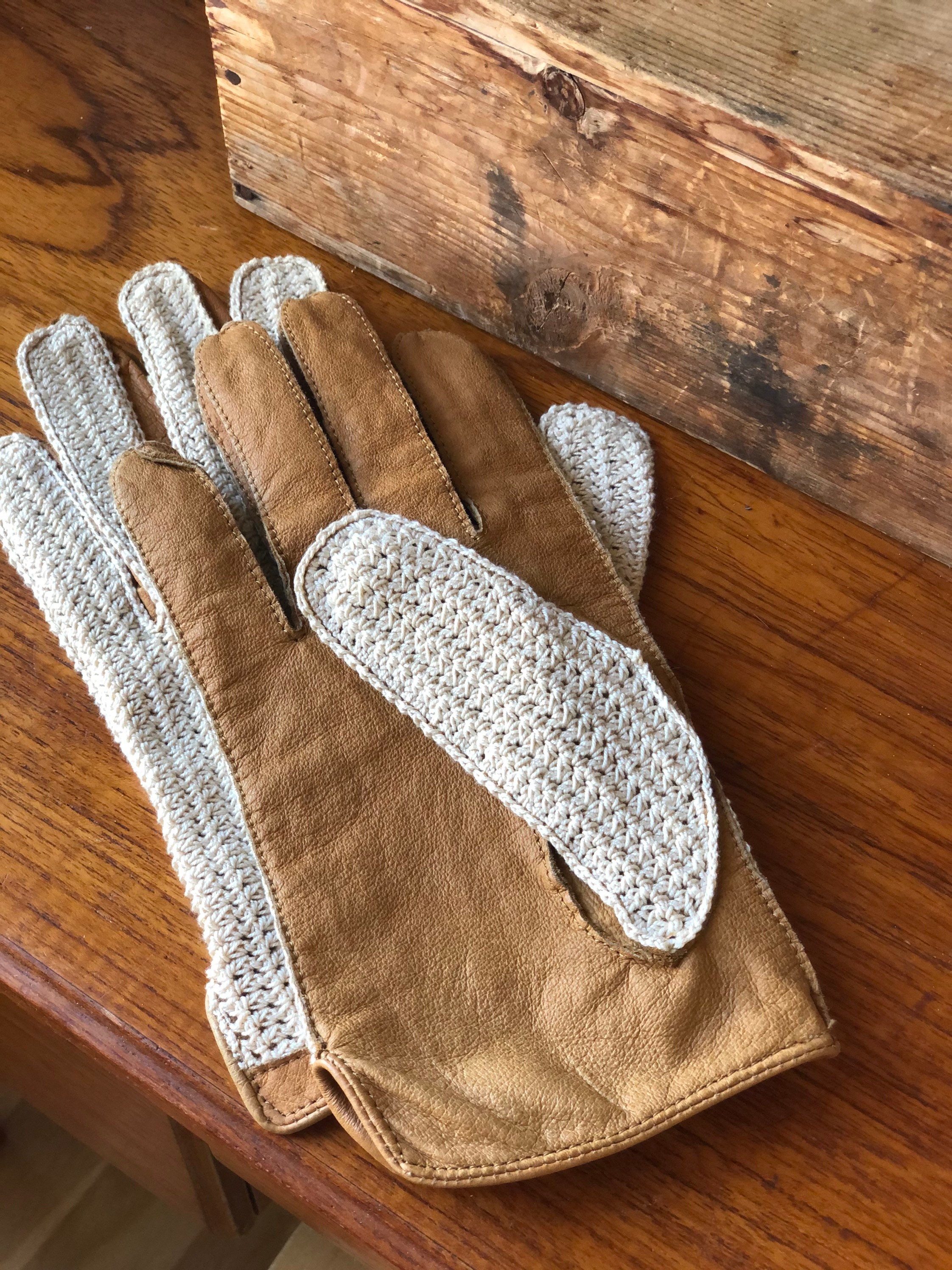 Vintage leather driving gloves with cream cotton and tan leather