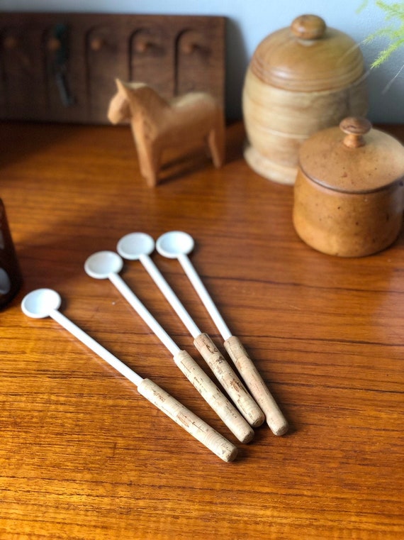 Set 4 cork and hard plastic long spoons vintage latte spoons scandi boho Swedish Scandinavian