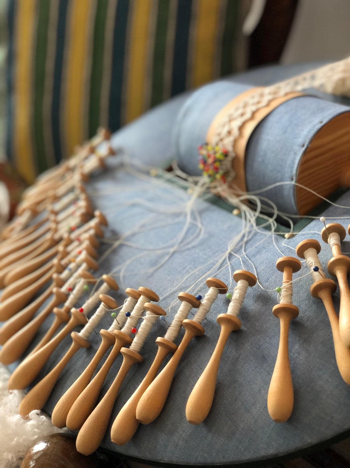 Lace making pillow with lace pattern and lace / hand turned wooden