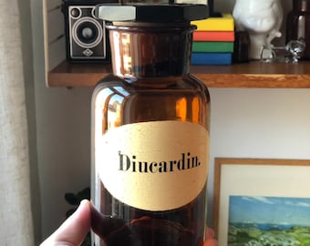 Scandinavian Apothecary Bottle Diucardin pharmacy amber brown, Glass Jar Retro Decor, Storage, tablescape pharmaceuticals