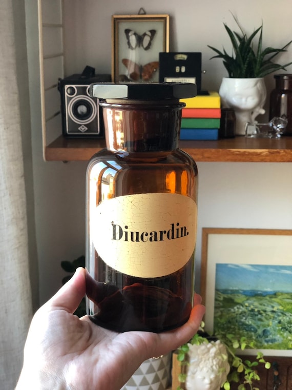 Scandinavian Apothecary Bottle Diucardin pharmacy amber brown, Glass Jar Retro Decor, Storage, tablescape pharmaceuticals