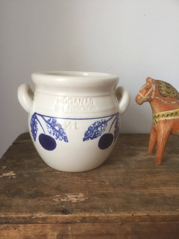 White and blue pottery Hard to Find Hoganas 2L Crock Jackie Lynd Blueberry Pottery from Sweden