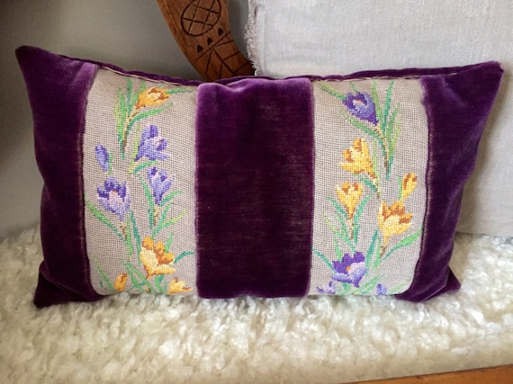 vintage decorative pillow violet purple 1970s  throw pillow velvet velour embroidery detail flower pattern 70s vibe