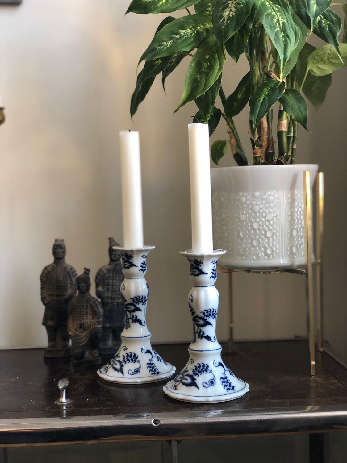 Older Blue Danube candle holders pair stamped with older marking blue and white ceramic