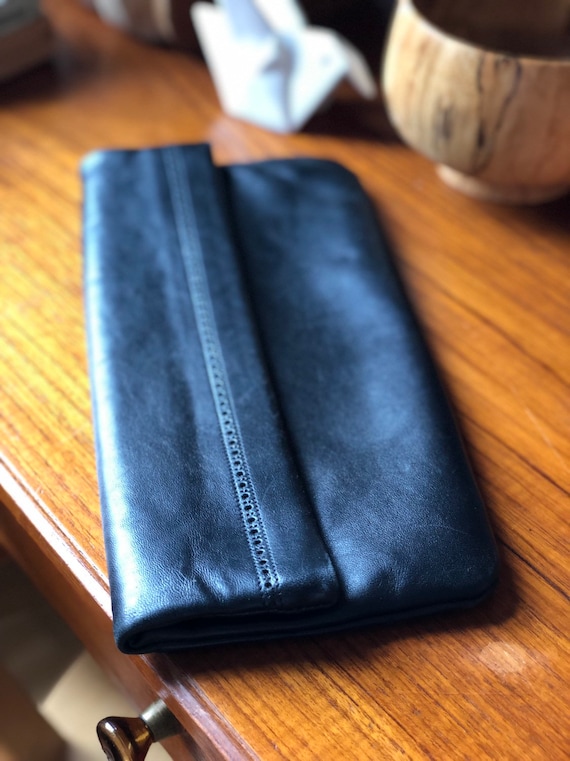 Fold over Black Leather Clutch 80's genuine leather