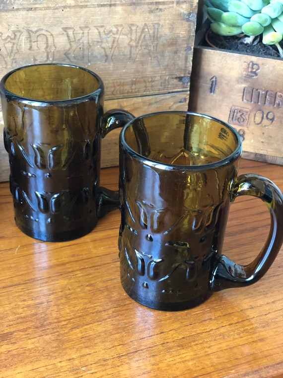 Swedish hand blown amber brown  beer steins 1970s set of 2 Skruf glassworks